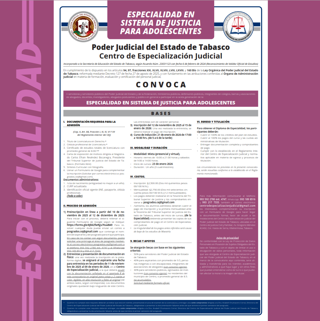 Banner convocatoria Especialidad en Sistema de Justicia para Adolescentes 2025